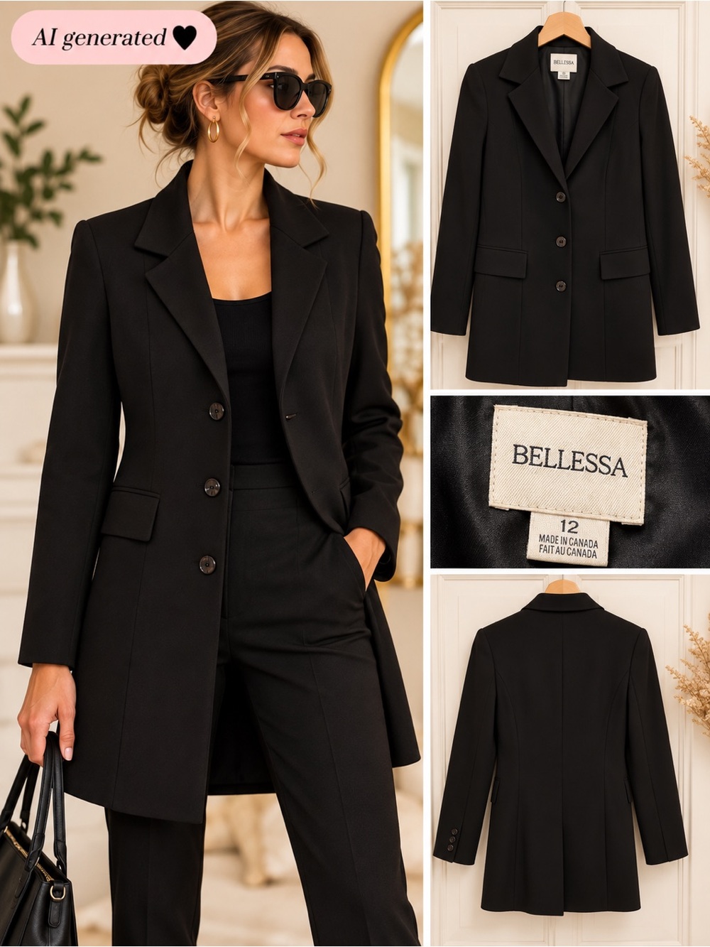 Bellessa Black Longline Blazer Jacket | Made in Canada | Size 12